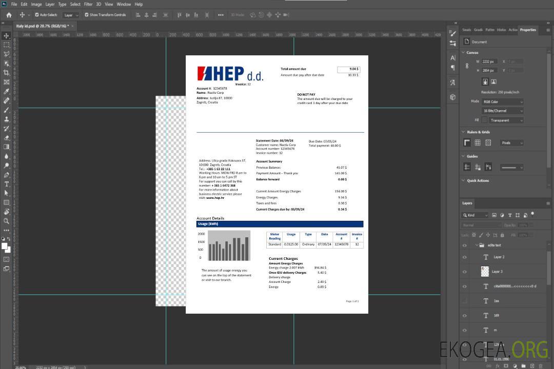 Croatie Hrvatska Elektroprivreda facture de services publics pour les entreprises d'électricité aux formats Word et PDF (2) template